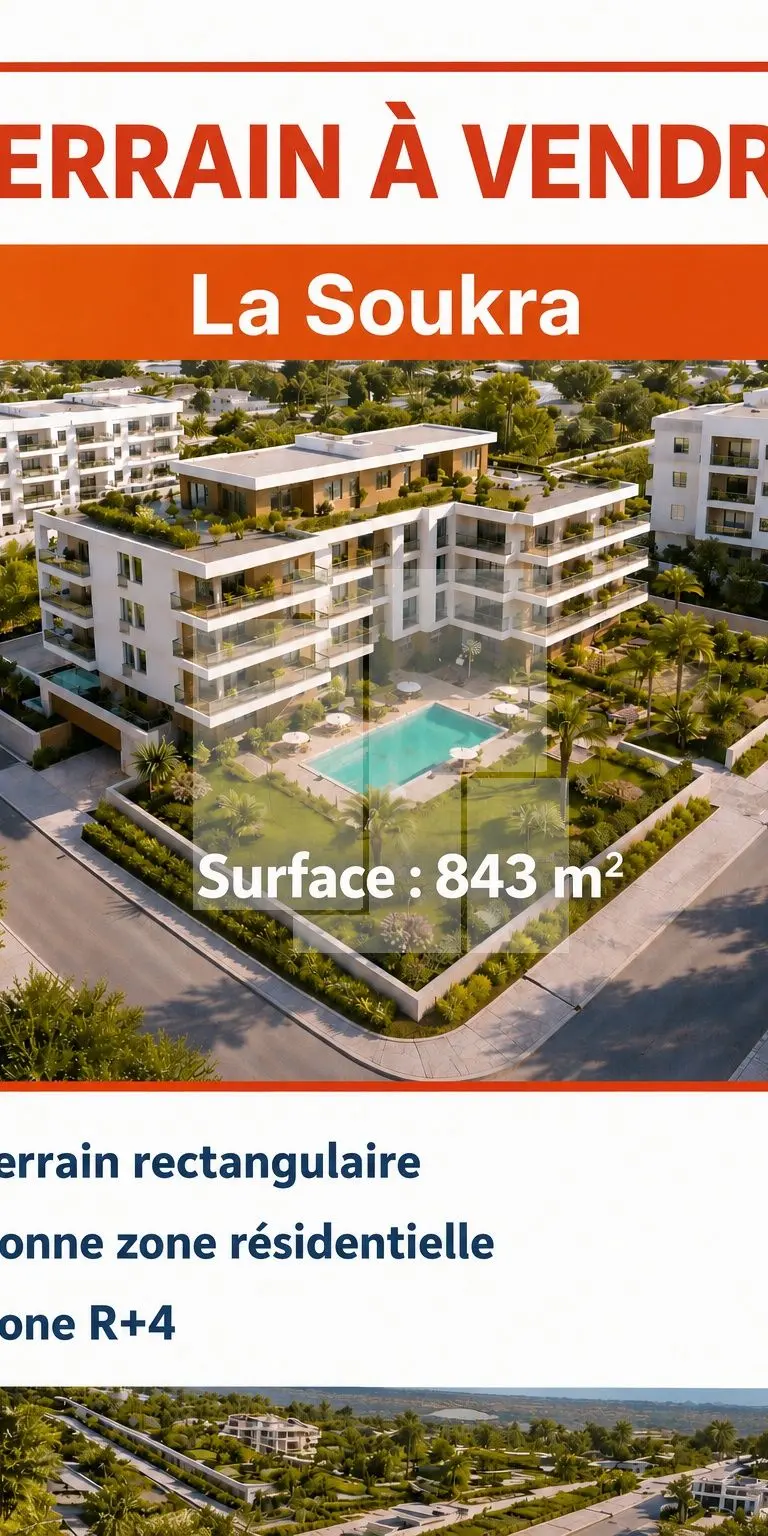 Terrain de 843m², La Soukra